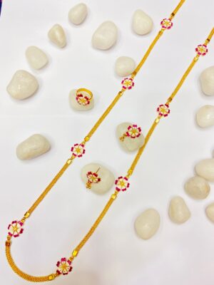 Shiuli Uni-flower chain with ear tops and finger ring (36 inch)