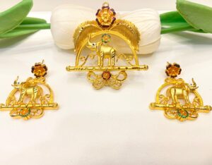 Elephant and flower designer minekari pendant and ear set