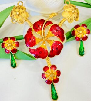 Hibiscus Flower Minekari pendant and ear set