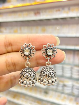 92.5 pure Silver Rosy Stony Jhumka
