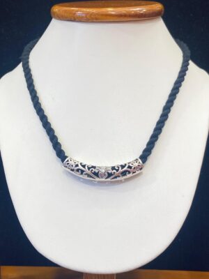 92.5 Pure Silver GreyFlora CurvedPipe Pendant with rope tarsel