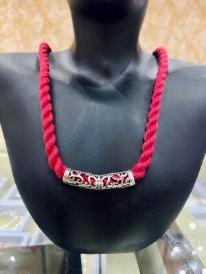 92.5 Pure Silver NokshiCurvedPipe Pendant with pink rope tarsel
