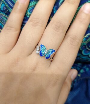 92.5 Silver Sterling Blue Butterfly Finger Ring (Size-18)