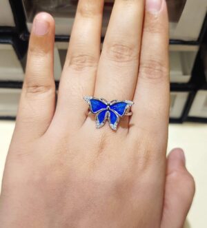 92.5 Silver Wing Blue Butterfly Finger Ring (Size-16)
