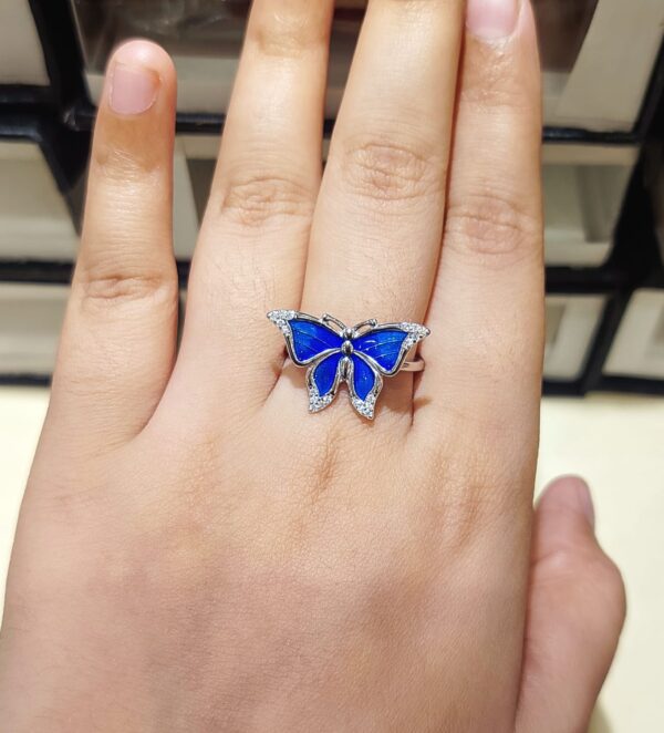 92.5 Silver Wing Blue Butterfly Finger Ring (Size-16)