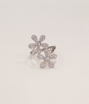 92.5 Silver Diamond Flower Adjustable Finger Ring (Size-12)
