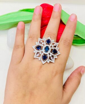 Stylish Flower With AD Blue Stone Finger Ring