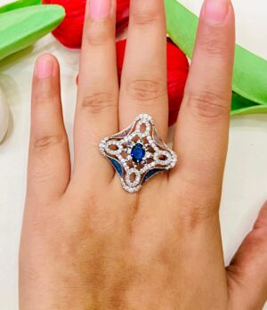 Stylish Diamond Flower With AD Blue Stone Finger Ring