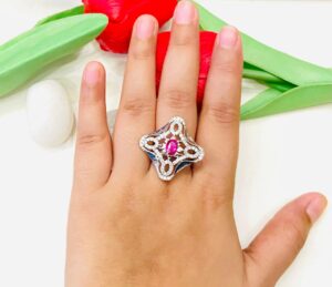 Stylish Diamond Flower With AD Rani Pink Stone Finger Ring