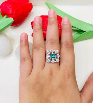 Beautiful Square Design With AD Sea Green Stone Finger Ring