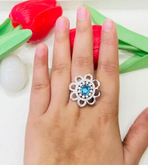 Beautiful Sun Flower  With AD Sky Blue Stone Finger Ring