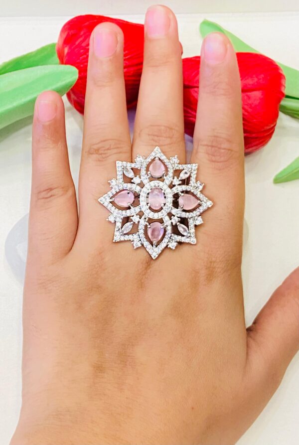 Stylish Flower With AD Pink Stone Finger Ring