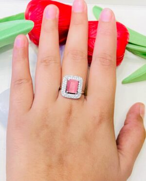Stylish Rectangle Shape With AD Pink Stone Finger Ring