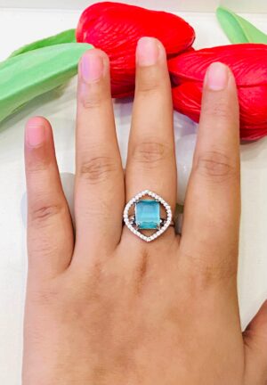 Beautiful Leaf Shape With AD Sky Blue Stone Finger Ring