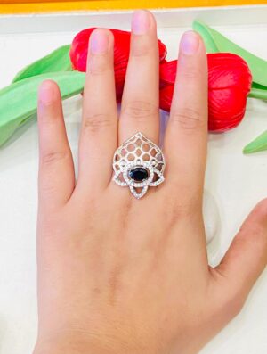 Stylish Flower Crown With AD Blue Stone Finger Ring