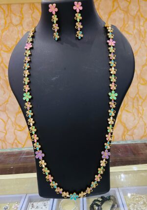 Multi Colour Flower With Stone Chain With Earrings (26 inch)
