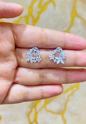 92.5 Pure Silver Floral Stone Diamond Shape Earrings