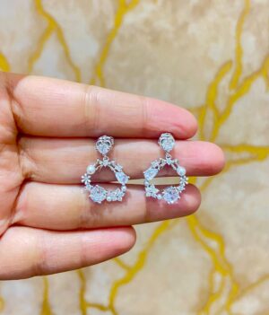 92.5 Pure Silver Flower Bow Love Stone Earrings