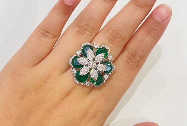Beautiful Flora With AD Green Stone Finger Ring