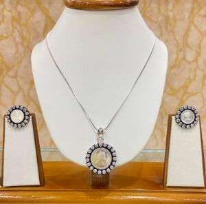 92.5 Pure Silver White Stone Gini Pendant With Earrings and Finger Rings (Without Chain)