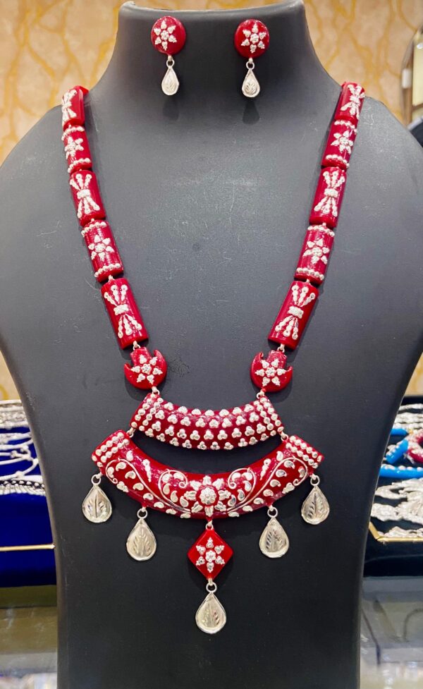 99.5 Pure Silver Square Flower Red Pola Long Necklace