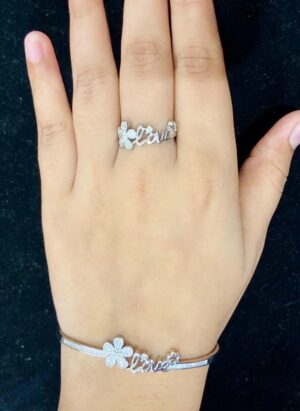 92.5 Pure Silver Floral Love Motive Adjustable Bracelet With Finger Ring Combo Set
