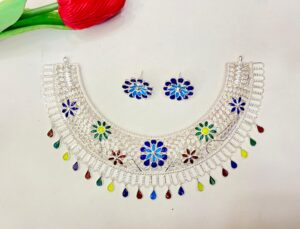 92.5 pure Silver Flower Minekari Designer Hasuli Cum Necklace With Ear Tops