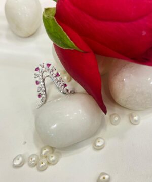 92.5 Silver Pink Stone Dot V Finger Ring