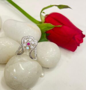 92.5 Silver Pink Stone Flower V Finger Ring