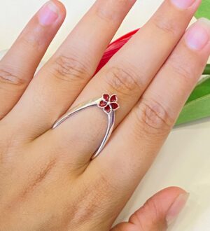 92.5 Silver Maroon Heaven Floral V Finger Ring