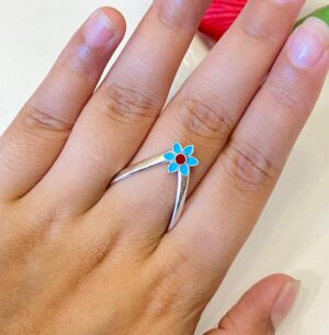 92.5 Silver Sky Blue Red Heaven Floral V Finger Ring