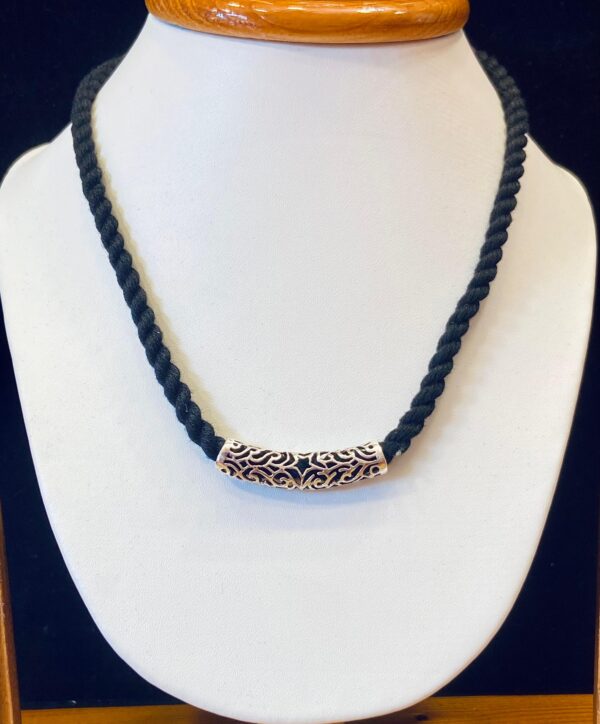 92.5 Pure Silver Star Noksha Curved Pipe Pendant With Black Rope Tarsel