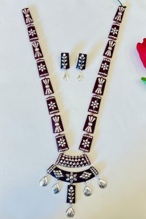 99.5 Pure Silver Square Flower Black Pola Long Necklace