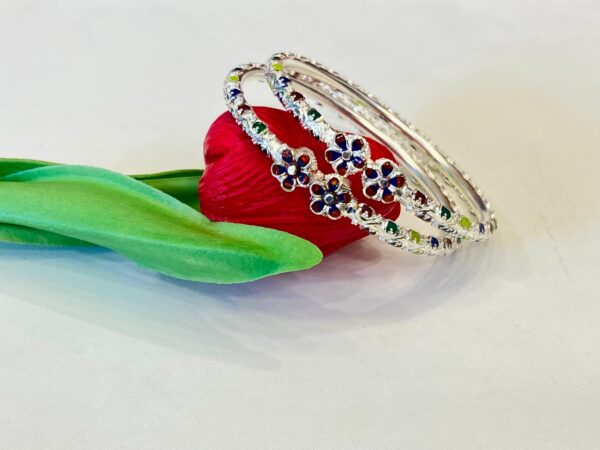 92.5 Pure Silver Multi Colour Flower Leaf Monipuri Bala (Pair) (Size-26)