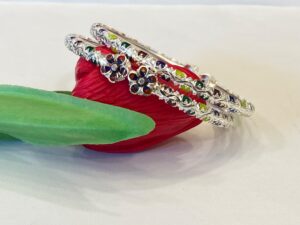 92.5 Pure Silver Multi Colour Flower Leaf Monipuri Bala (Pair) (Size-26)