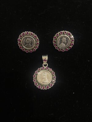92.5 Pure Silver Pink Stone Small Gini Pendant With Earrings (Without Chain)