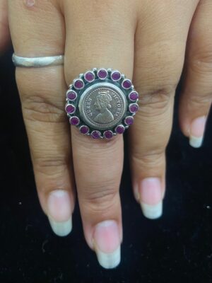 95.5 Silver Small Gini Pink Stone Finger Ring (Adjustable)