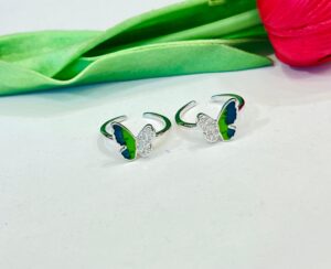 92.5 Pure Silver Stylish Green Blue Butterfly Toe Ring (Pair)