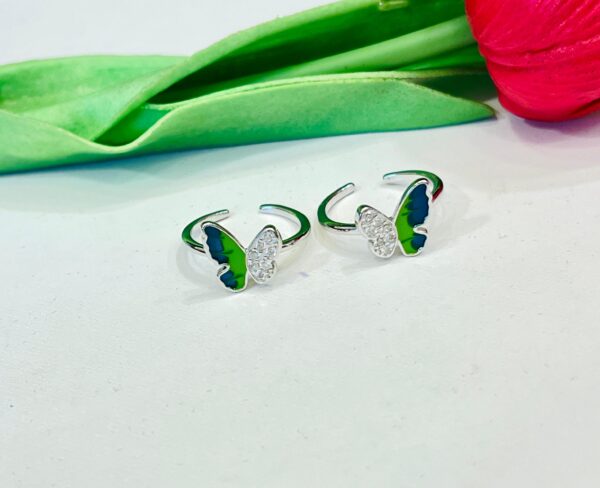 92.5 Pure Silver Stylish Green Blue Butterfly Toe Ring (Pair)