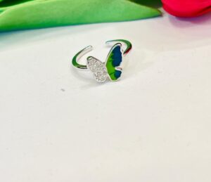 92.5 Silver Green Blue Butterfly Adjustable Finger Ring