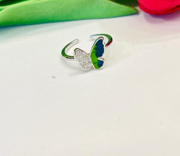92.5 Silver Green Blue Butterfly Adjustable Finger Ring