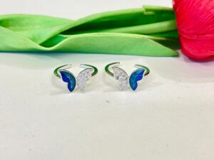 92.5 Pure Silver Stylish Blue Butterfly Toe Ring (Pair)