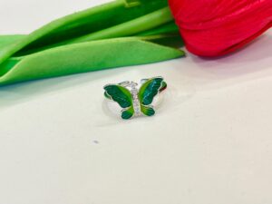 92.5 Silver Sterling Green Butterfly Adjustable Finger Ring