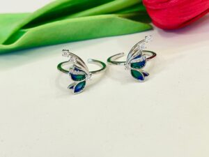 92.5 Pure Silver Beautiful Green Blue Butterfly Toe Ring (Pair)