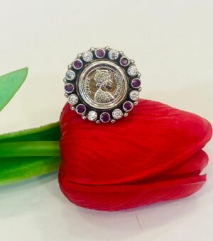 95.5 Silver Gini PinkWhite Stone Med Finger Ring (Adjustable)