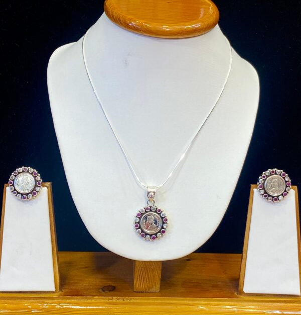92.5 Pure Silver PinkWhite Stone Med Gini Pendant With Earrings and Finger Rings (Without Chain)