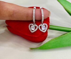 92.5 Pure Silver Hanging Heart Shape Stone Earrings