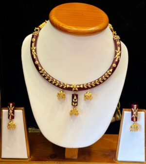 Flower Jhumko Maroon Pola Necklace