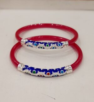 92.5 Pure Silver Minakari Red Blue Dot Bracelet Pola (Single) (Size-28)