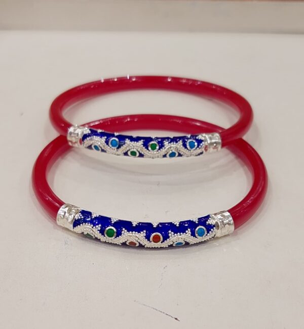 92.5 Pure Silver Minakari Red Blue Dot Bracelet Pola (Single) (Size-28)